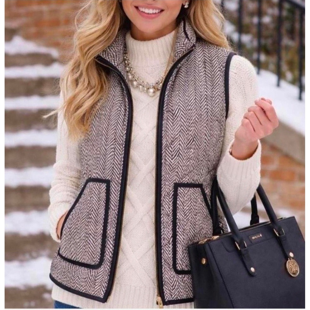 J.Crew Womens Excursion Quilted Puffer Vest Black White Herringbone Size M